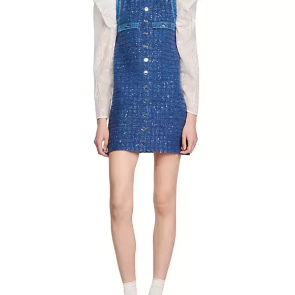 NWT Sandro Denim Glittering Tweed-effect Trapeze Dress Sleeveless Size 36 Small - Picture 3 of 11